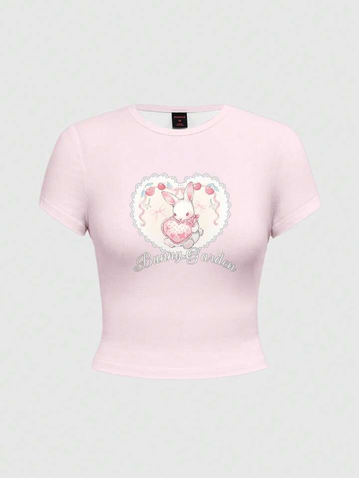 Kawaii Cute Lace Heart Rabbit Print Innocent College Style Sexy Women Short Sleeve T-Shirt