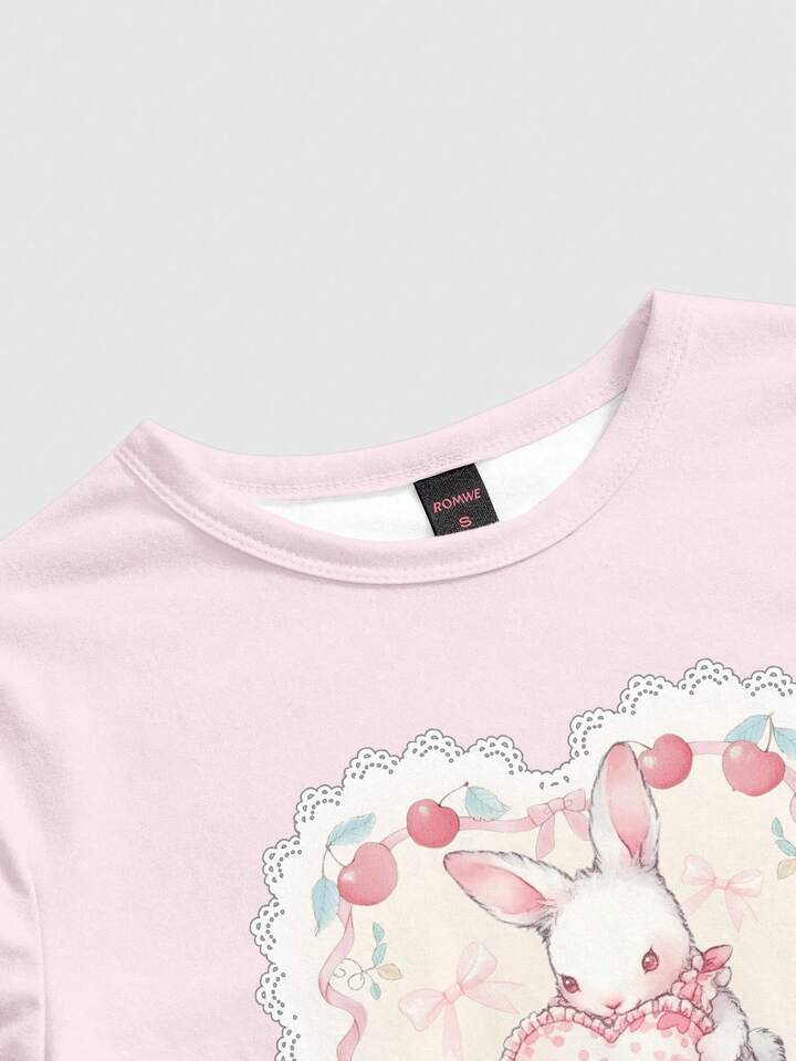 Kawaii Cute Lace Heart Rabbit Print Innocent College Style Sexy Women Short Sleeve T-Shirt 4 Kawaii Cute Lace Heart Rabbit Print Innocent College Style Sexy Women Short Sleeve T-Shirt