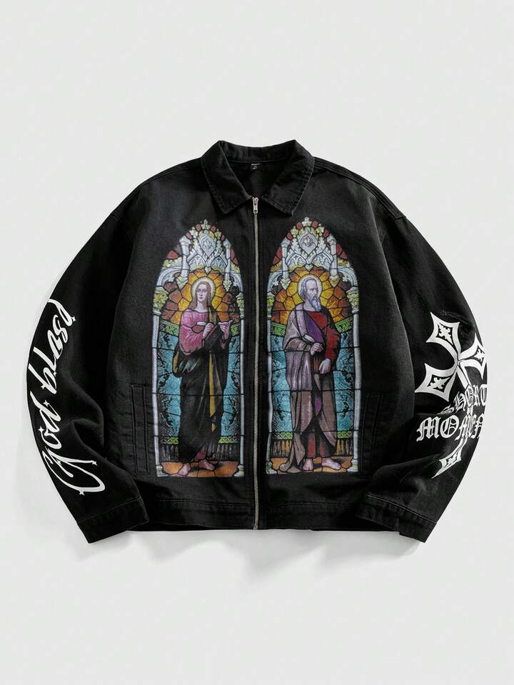 Goth Men's Street Fashion Religious Printed Zip-Up Long Sleeve Denim Jacket