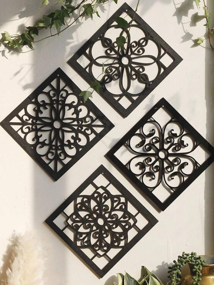 Goth 4pcs European Carved Wooden Geometric Inlay Wall Decor - Artistic Solid Wood Background Accent For Home,Home Decor