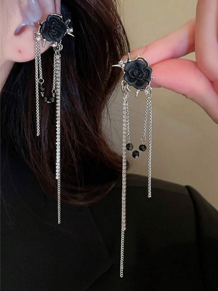 Goth 1pair Fashion Zinc Alloy Flower & Chain Decor Earrings For Women For Daily Decoration Valentines