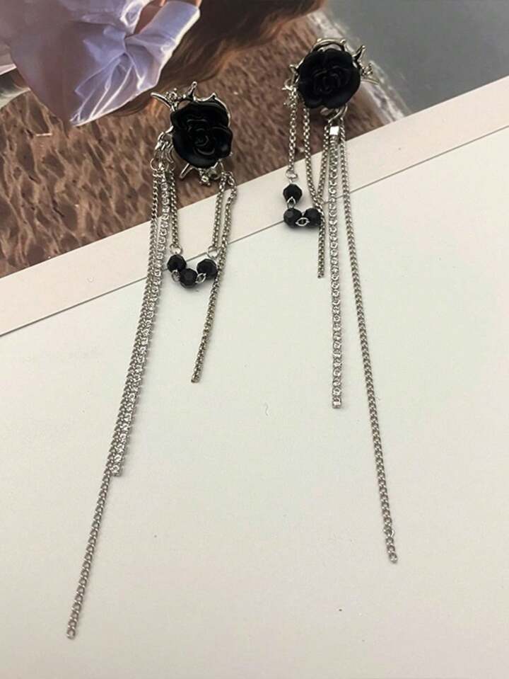 Goth 1pair Fashion Zinc Alloy Flower & Chain Decor Earrings For Women For Daily Decoration Valentines 2 Goth 1pair Fashion Zinc Alloy Flower & Chain Decor Earrings For Women For Daily Decoration Valentines