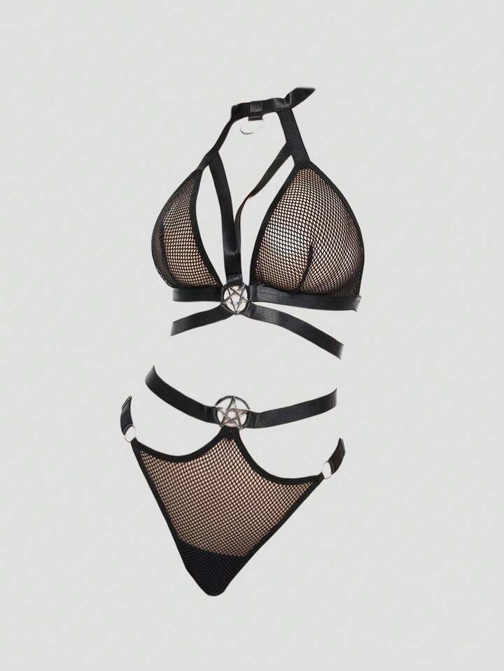 Grunge Punk Dark Punk Mesh Five-Pointed Star Triangle Cup Halter Bra & Panty Lingerie Set, Sexy Intimate Apparel