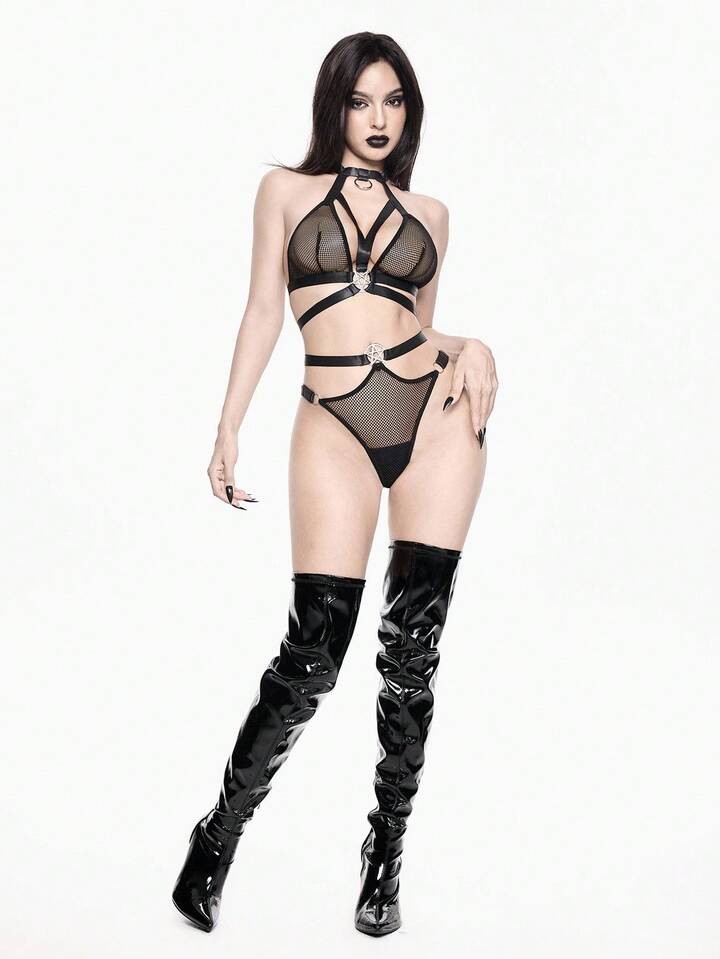 Grunge Punk Dark Punk Mesh Five-Pointed Star Triangle Cup Halter Bra & Panty Lingerie Set, Sexy Intimate Apparel 2 Grunge Punk Dark Punk Mesh Five-Pointed Star Triangle Cup Halter Bra & Panty Lingerie Set, Sexy Intimate Apparel