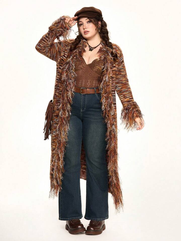Plus Size Women Vintage Hippie Style Fringed Long Cardigan