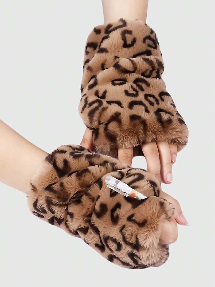 Kawaii 1 Pair Leopard Print Fingerless Gloves, Warm 4 Kawaii 1 Pair Leopard Print Fingerless Gloves, Warm