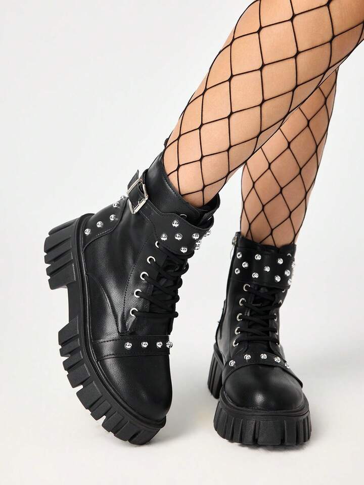 Grunge Punk Women's Black Punk Style Lace-Up Thick Sole Boots, Fashionable Motorcycle Boots For Spring/Autumn, Stylish Andy