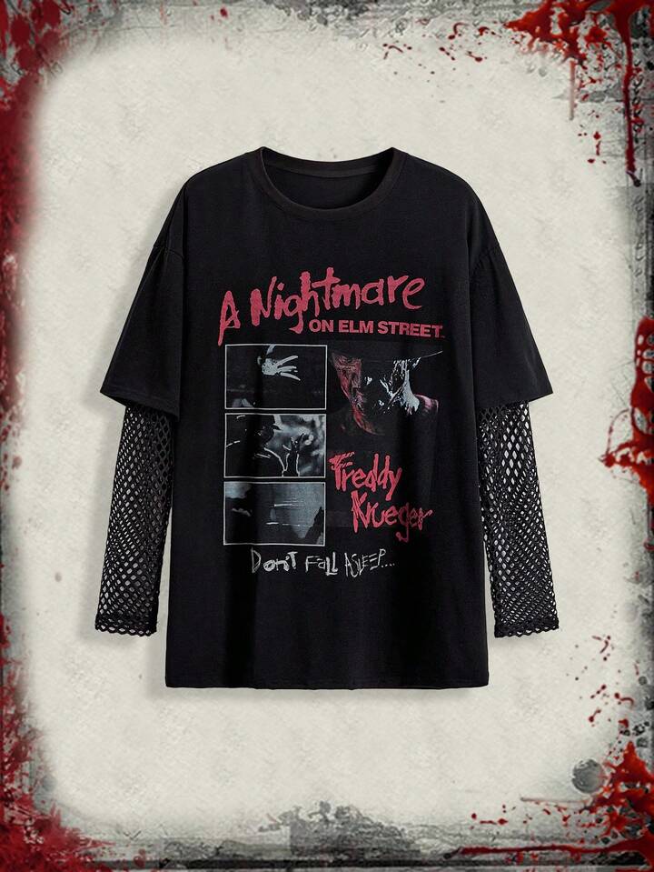 A Nightmare on Elm Street X ROMWE Letter & Figure Graphic Contrast Mesh Women Kpop Long Sleeve T-Shirt