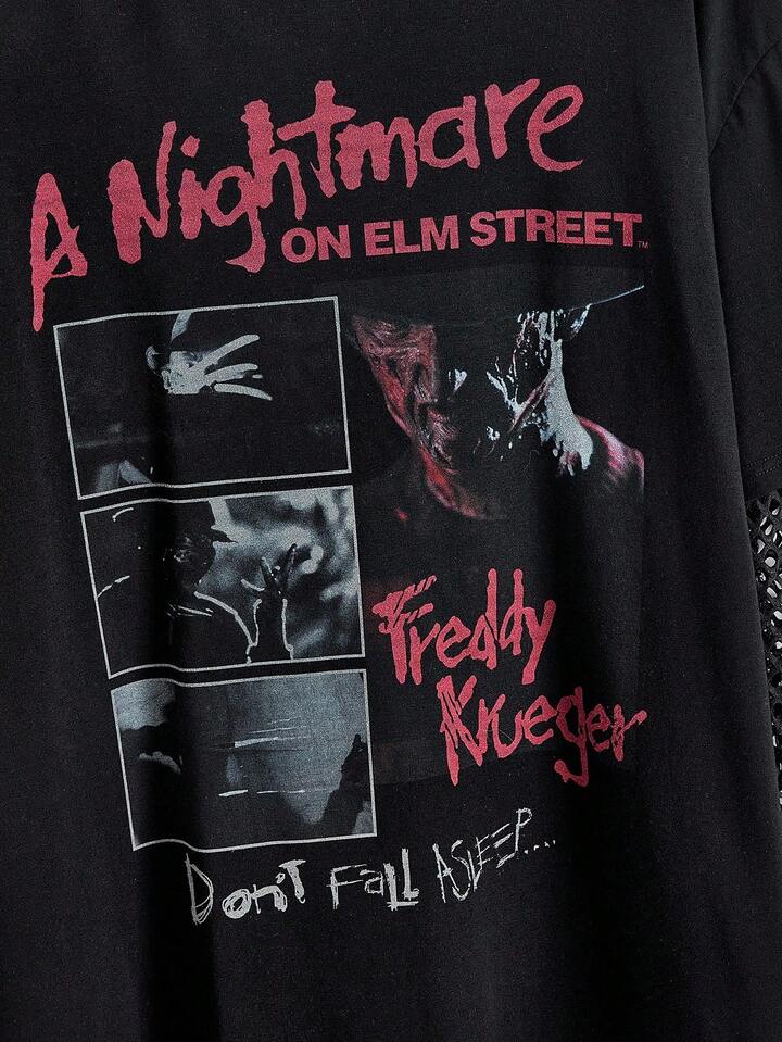 A Nightmare on Elm Street X ROMWE Letter & Figure Graphic Contrast Mesh Women Kpop Long Sleeve T-Shirt
