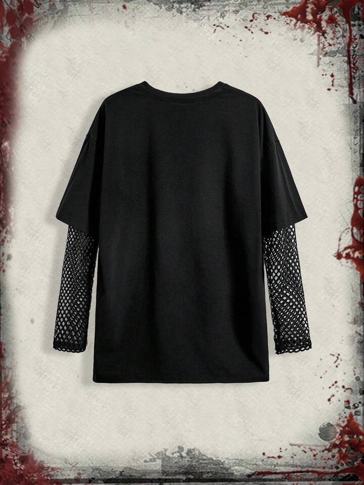 A Nightmare on Elm Street X ROMWE Letter & Figure Graphic Contrast Mesh Women Kpop Long Sleeve T-Shirt