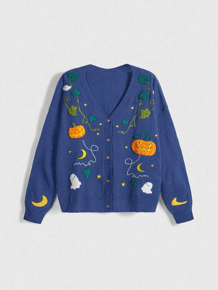 Fairycore Plus Size Women Halloween Cottagecore Pumpkin, Ghost, Moon Embroidered Cardigan Sweater