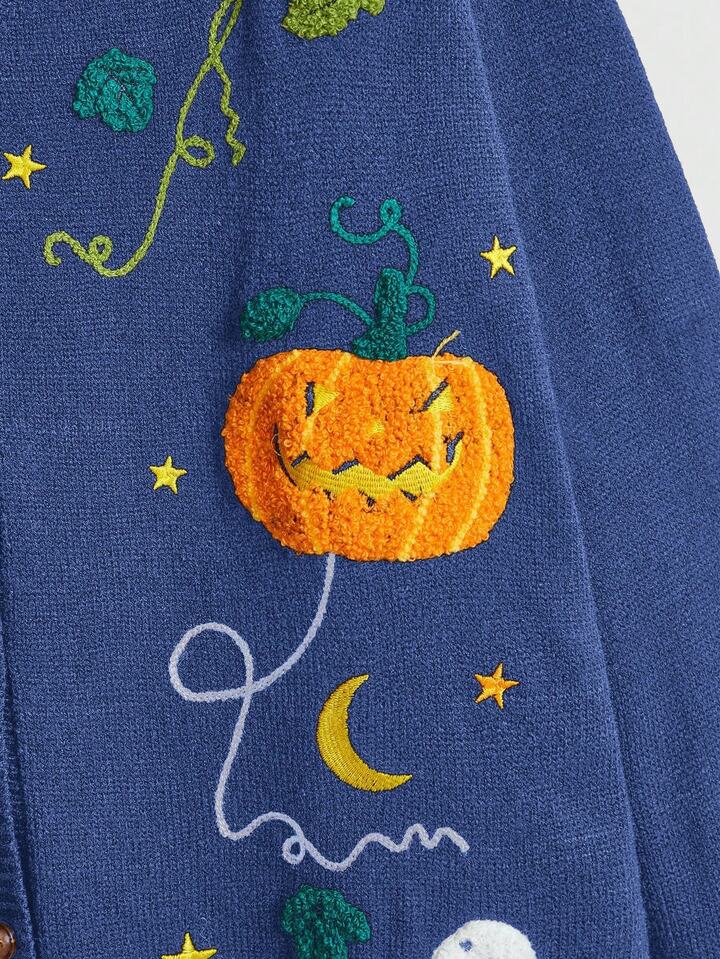 Fairycore Plus Size Women Halloween Cottagecore Pumpkin, Ghost, Moon Embroidered Cardigan Sweater