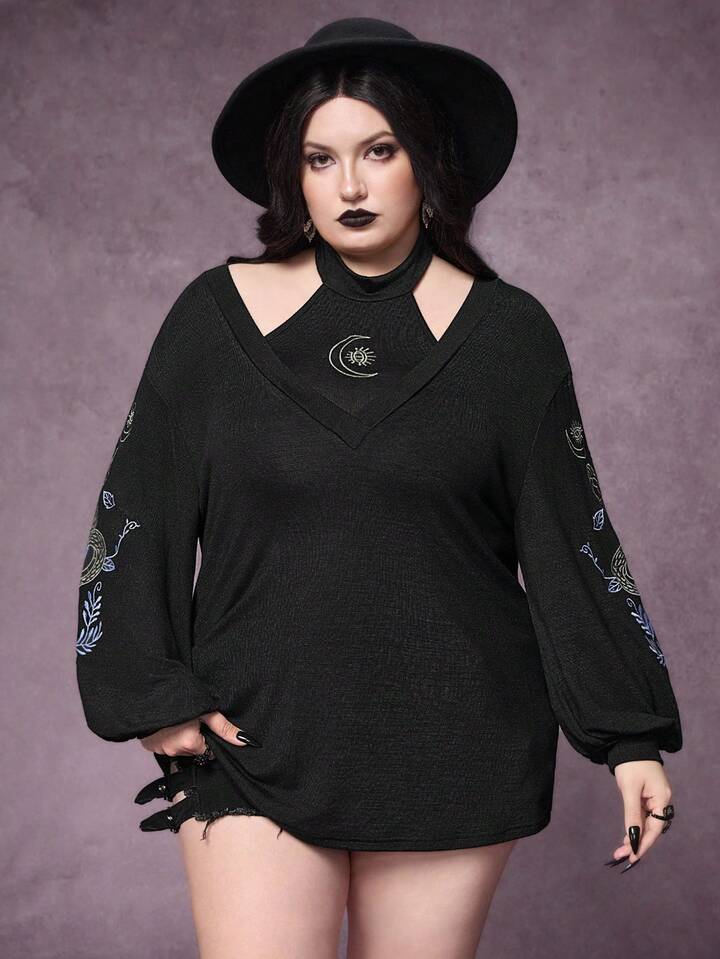 Gothic Snake Skin Floral Embroidery Plus Size Women 2 Pieces Set, Camisole + Outerwear Top