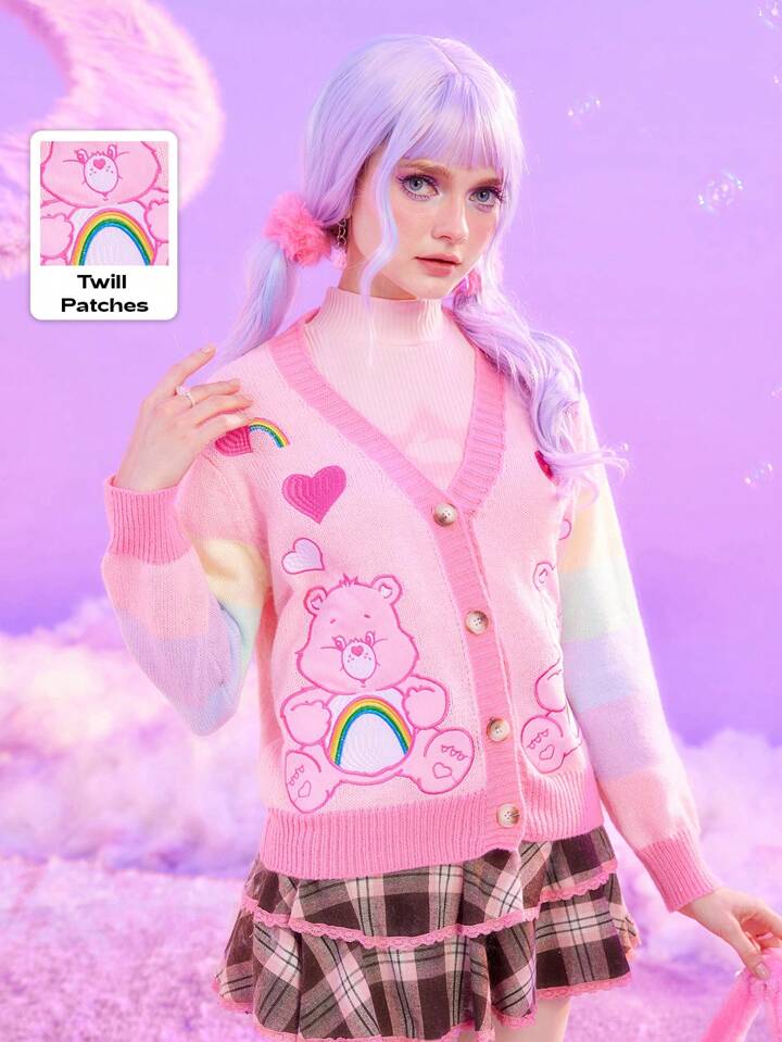 ROMWE X Care Bears Bear & Heart Embroidered Button Front Cardigan, School