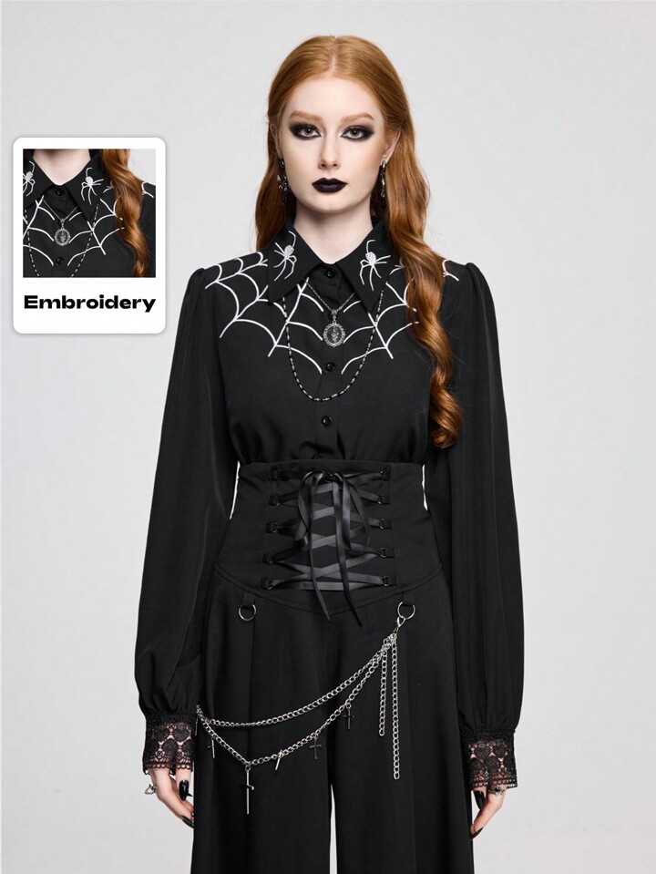Women's Gothic Dark Spider Web Embroidered Blouse Top, Layerable