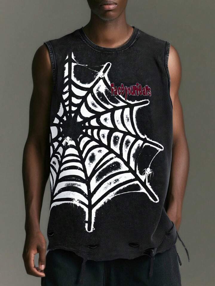 Grunge Punk Men Spider Washed Acid-Washed Casual Sleeveless Tank Top, Halloween