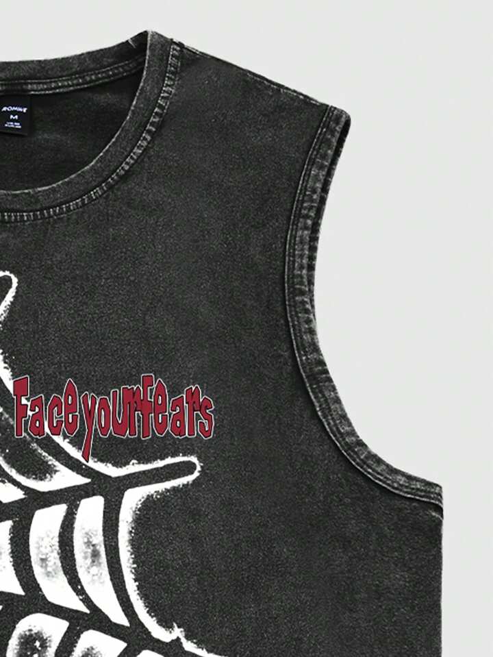 Grunge Punk Men Spider Washed Acid-Washed Casual Sleeveless Tank Top, Halloween 4 Grunge Punk Men Spider Washed Acid-Washed Casual Sleeveless Tank Top, Halloween