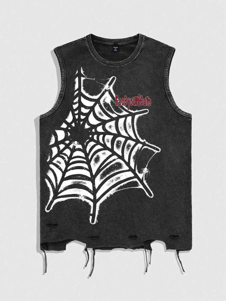 Grunge Punk Men Spider Washed Acid-Washed Casual Sleeveless Tank Top, Halloween 5 Grunge Punk Men Spider Washed Acid-Washed Casual Sleeveless Tank Top, Halloween