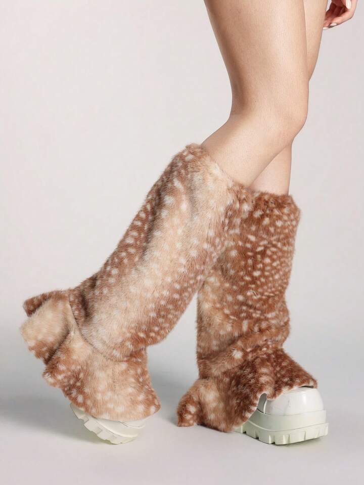 Fairycore 1 Pair Brown Cute Y2K Sexy Deer Print Animal Pattern Ruffle Patchwork Bow Plush Warm Fashionable Wild Leg Warmers For Women, Suitable For School, Shopping, Travel, Christmas, Autumn/Winter