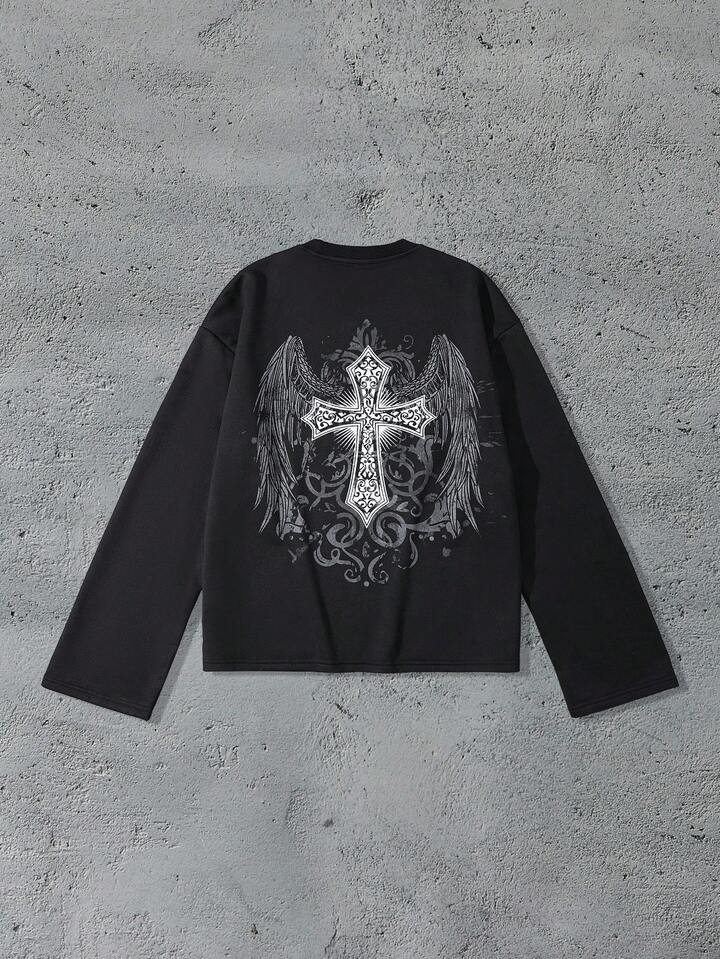 Goth Men's Wing & Cross Print Casual Pullover Sweatshirt, For Fall