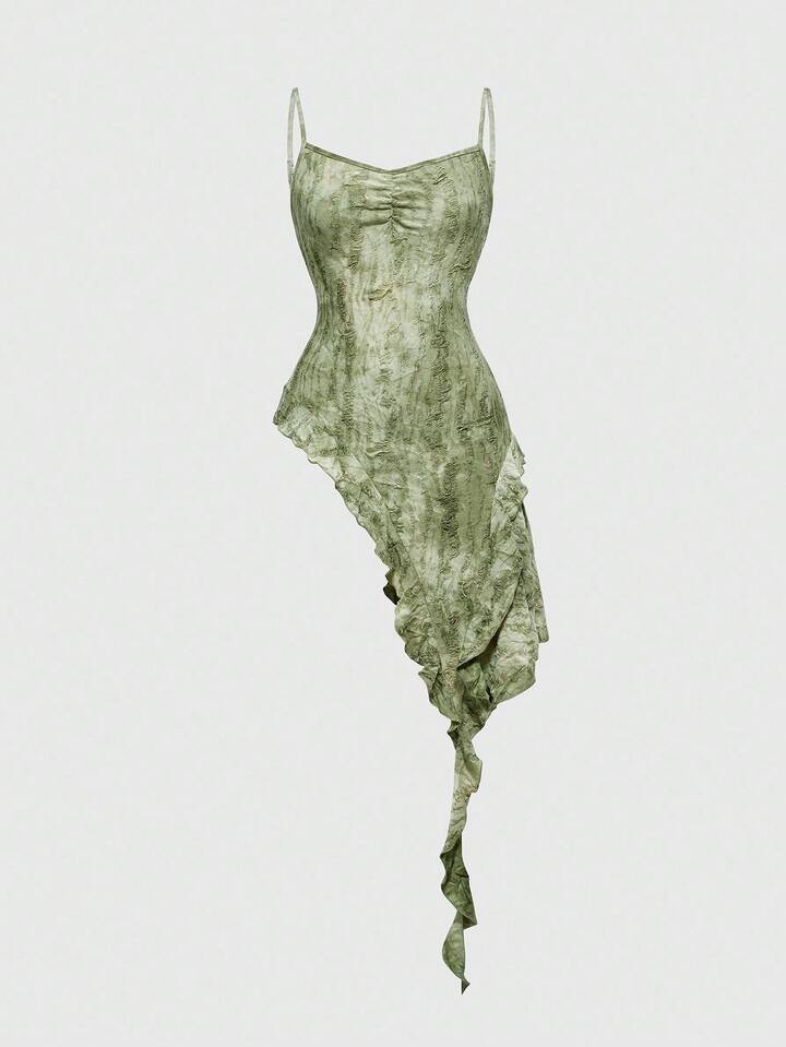 Grunge Punk Y2K Distressed Tie-Dye Asymmetrical Ruffle Hem Design Women Camisole