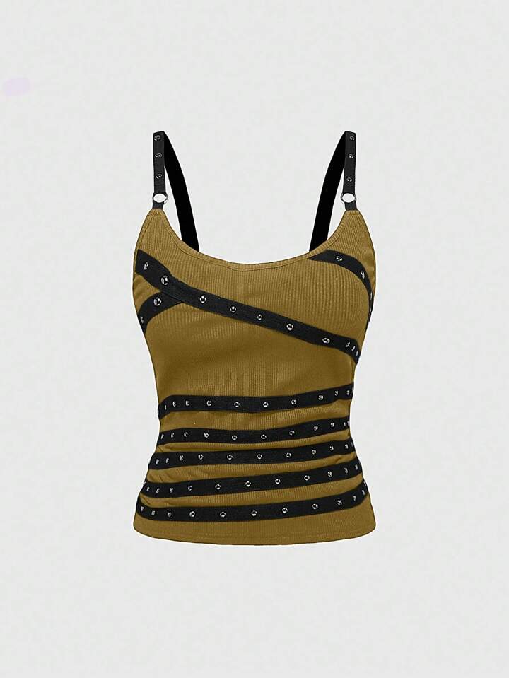 Grunge Punk Women's Sleeveless Sexy Spaghetti Strap Low-Cut Black Tank Top With Studs, Rhinestones And Ribbons, Suitable For Summer Beach, Graduation, Easter, Concerts, Nashville Vacations, Music Festivals, Rock