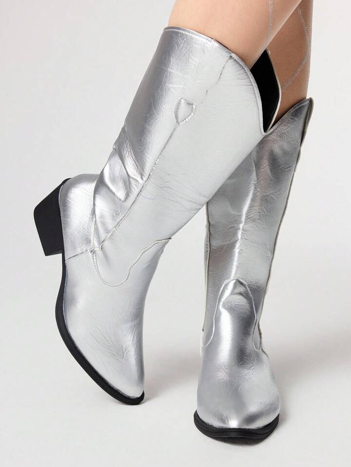Grunge Punk Women's Gothic Punk Rock Silver Pointed Toe V-Cut Western Boots, Chunky Heel Riding Boots, Halloween