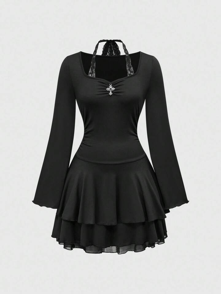 Gothic Punk Cross Decor Multi-Layer Choker Flare Sleeve Lace-Up Mini Dress For Women