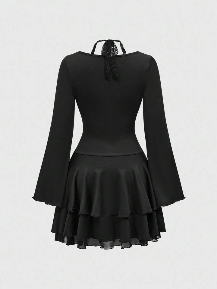 Gothic Punk Cross Decor Multi-Layer Choker Flare Sleeve Lace-Up Mini Dress For Women 2 Gothic Punk Cross Decor Multi-Layer Choker Flare Sleeve Lace-Up Mini Dress For Women