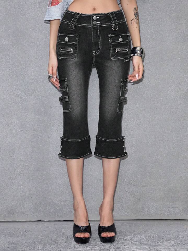 ROMWE Avant Women's Vintage Biker Chic Sexy Ultra Low Waist Cargo 7/8 Skinny Jeans