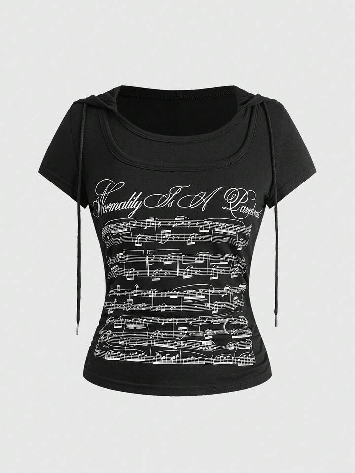 J-Fashion Y2K Retro Millennium Babe Music Note Print Hooded 2 In 1 Short Sleeve Top