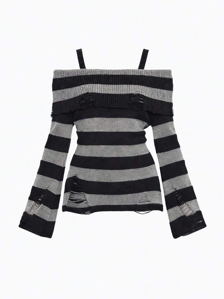 Goth Fashionable Dark Punk Distressed Design Waist Cinched Off-Shoulder Crew Neck Black & Grey Striped Sweater