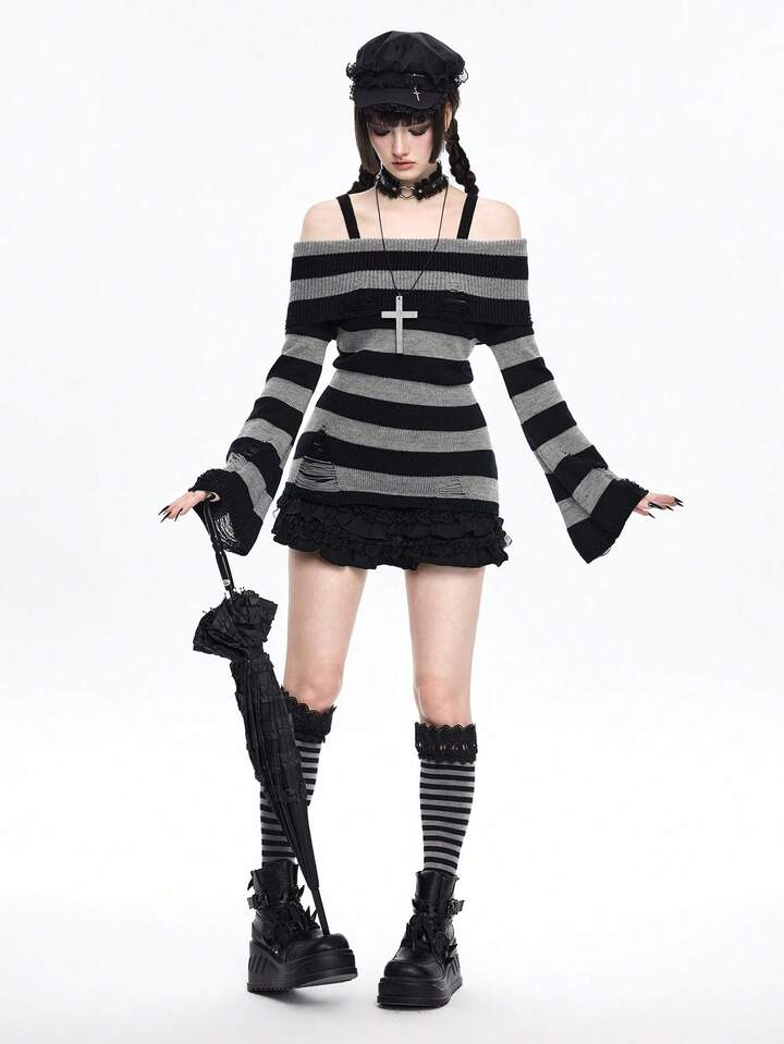 Goth Fashionable Dark Punk Distressed Design Waist Cinched Off-Shoulder Crew Neck Black & Grey Striped Sweater 10 Goth Fashionable Dark Punk Distressed Design Waist Cinched Off-Shoulder Crew Neck Black & Grey Striped Sweater