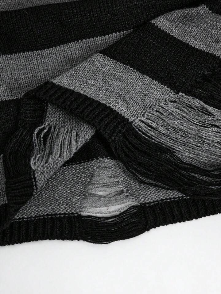 Goth Fashionable Dark Punk Distressed Design Waist Cinched Off-Shoulder Crew Neck Black & Grey Striped Sweater 11 Goth Fashionable Dark Punk Distressed Design Waist Cinched Off-Shoulder Crew Neck Black & Grey Striped Sweater
