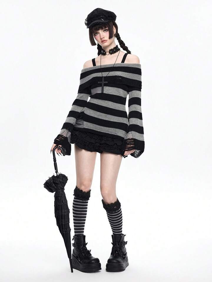 Goth Fashionable Dark Punk Distressed Design Waist Cinched Off-Shoulder Crew Neck Black & Grey Striped Sweater 2 Goth Fashionable Dark Punk Distressed Design Waist Cinched Off-Shoulder Crew Neck Black & Grey Striped Sweater