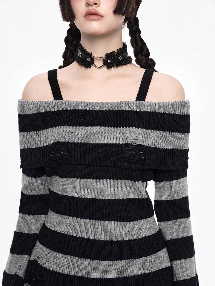 Goth Fashionable Dark Punk Distressed Design Waist Cinched Off-Shoulder Crew Neck Black & Grey Striped Sweater 3 Goth Fashionable Dark Punk Distressed Design Waist Cinched Off-Shoulder Crew Neck Black & Grey Striped Sweater