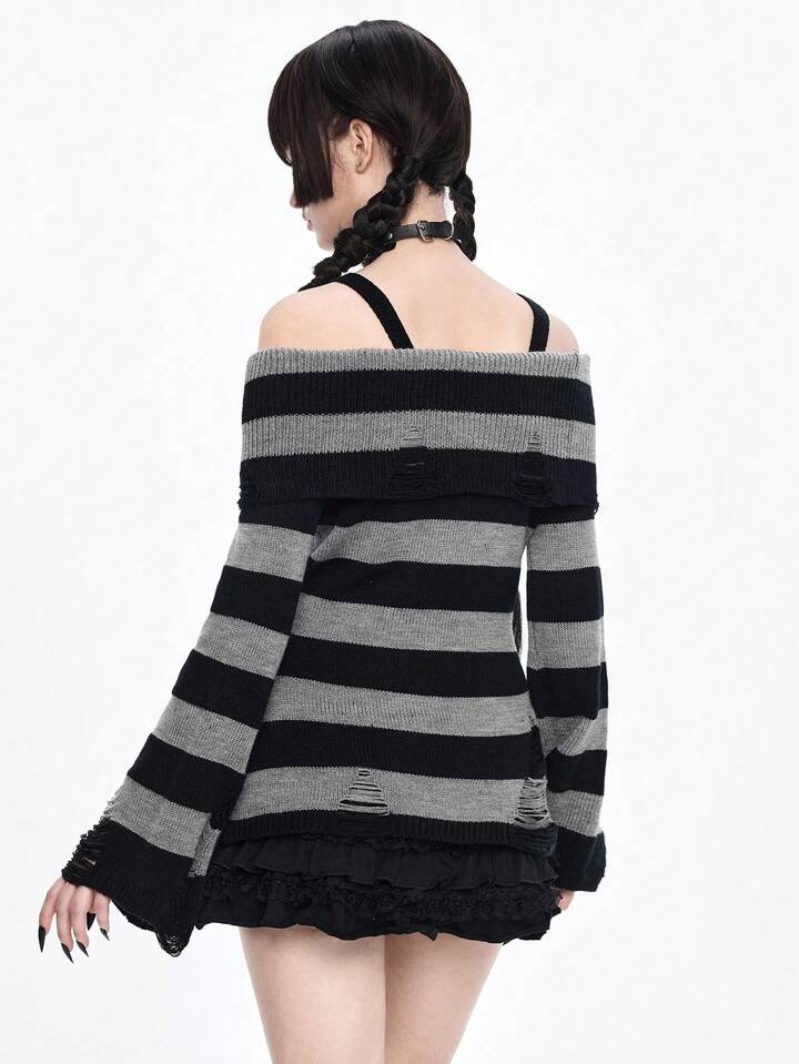 Goth Fashionable Dark Punk Distressed Design Waist Cinched Off-Shoulder Crew Neck Black & Grey Striped Sweater 4 Goth Fashionable Dark Punk Distressed Design Waist Cinched Off-Shoulder Crew Neck Black & Grey Striped Sweater