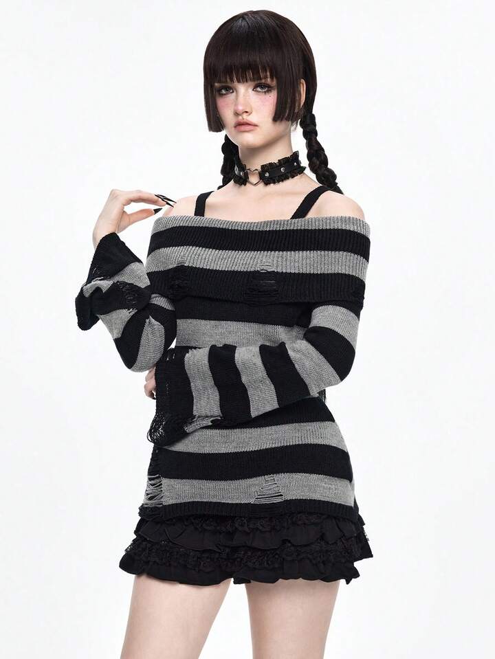 Goth Fashionable Dark Punk Distressed Design Waist Cinched Off-Shoulder Crew Neck Black & Grey Striped Sweater 5 Goth Fashionable Dark Punk Distressed Design Waist Cinched Off-Shoulder Crew Neck Black & Grey Striped Sweater