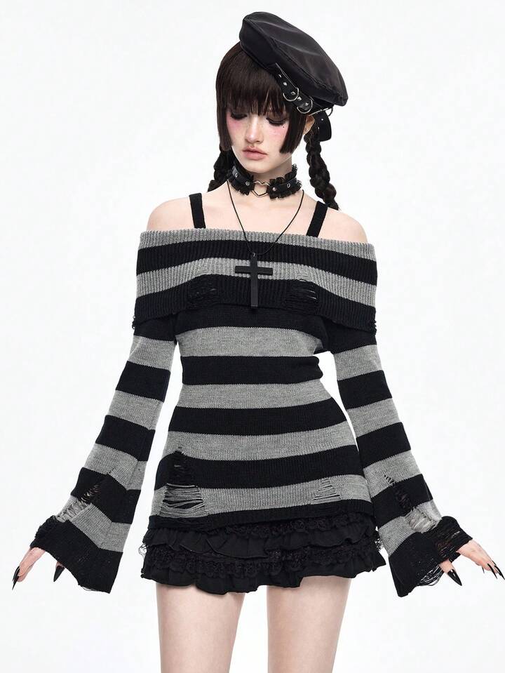 Goth Fashionable Dark Punk Distressed Design Waist Cinched Off-Shoulder Crew Neck Black & Grey Striped Sweater 7 Goth Fashionable Dark Punk Distressed Design Waist Cinched Off-Shoulder Crew Neck Black & Grey Striped Sweater