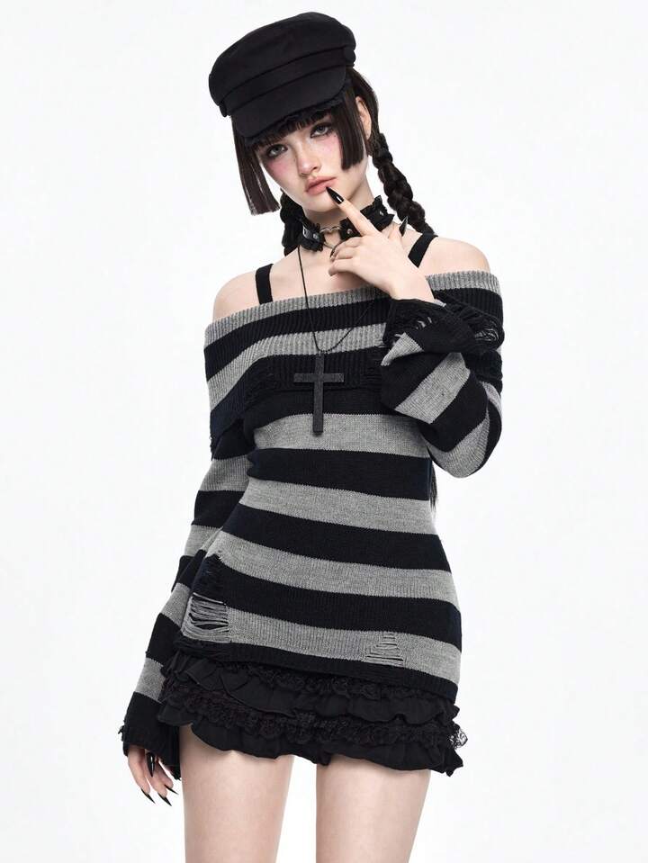 Goth Fashionable Dark Punk Distressed Design Waist Cinched Off-Shoulder Crew Neck Black & Grey Striped Sweater 8 Goth Fashionable Dark Punk Distressed Design Waist Cinched Off-Shoulder Crew Neck Black & Grey Striped Sweater