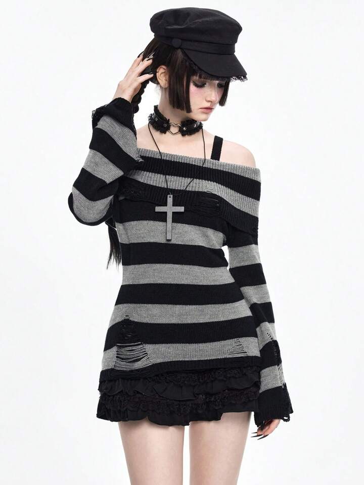 Goth Fashionable Dark Punk Distressed Design Waist Cinched Off-Shoulder Crew Neck Black & Grey Striped Sweater 9 Goth Fashionable Dark Punk Distressed Design Waist Cinched Off-Shoulder Crew Neck Black & Grey Striped Sweater