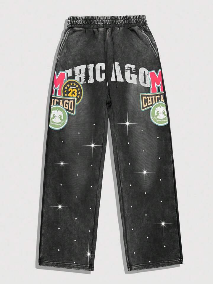Prep Men's Letter Print College Drawstring Waist Pockets Wide Leg Casual Sweatpants