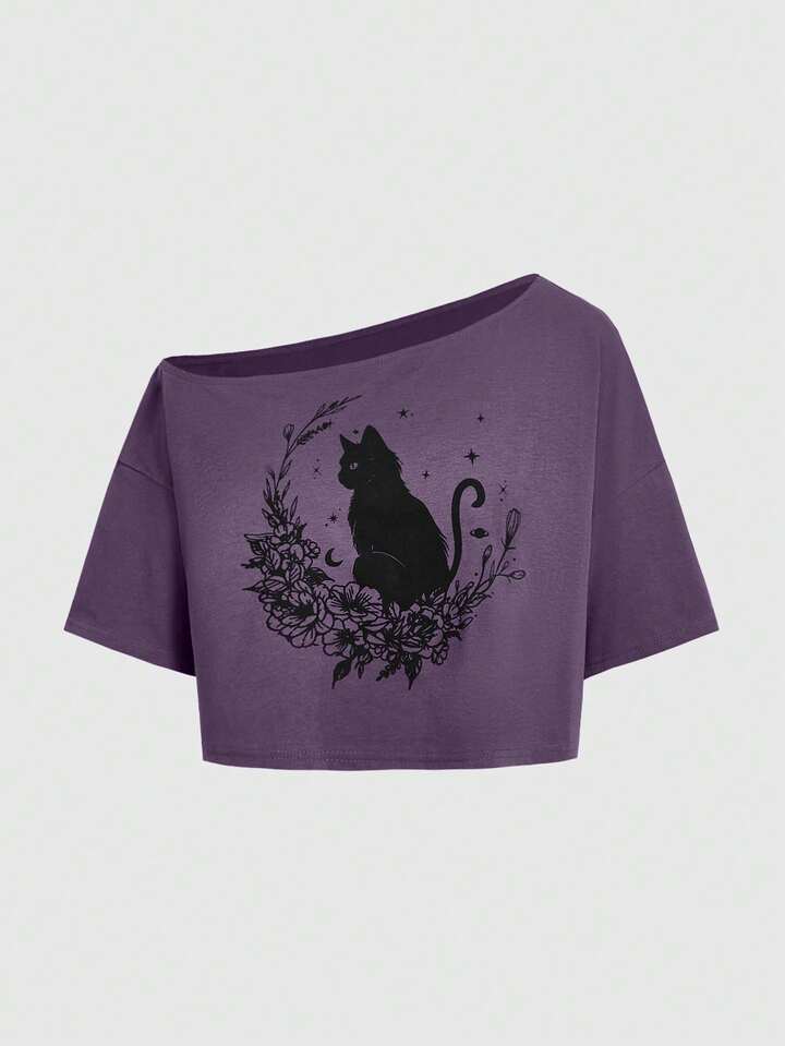 Fairycore Women Casual Asymmetrical Neck Black Cat & Floral Print Loose Drop Shoulder Cropped T-Shirt, Summer