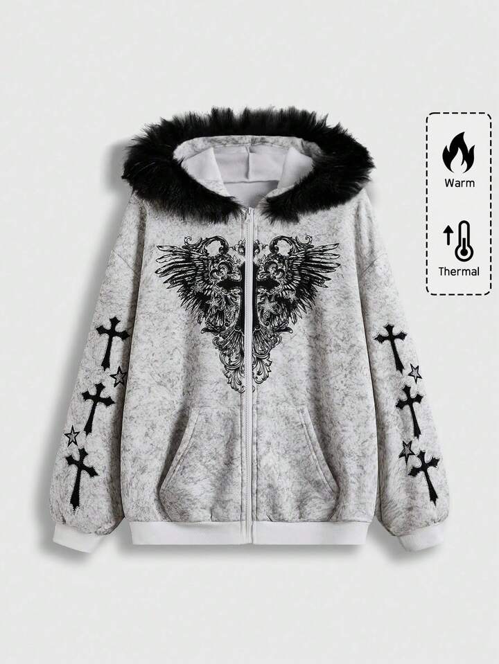 Fairycore Kpop Cross & Wing Print Rhinestone Wash Distressed Fuzzy Hoodie Graduation,Back To School Outfits,Graduation,Teacher Outfits For Women,Back To School