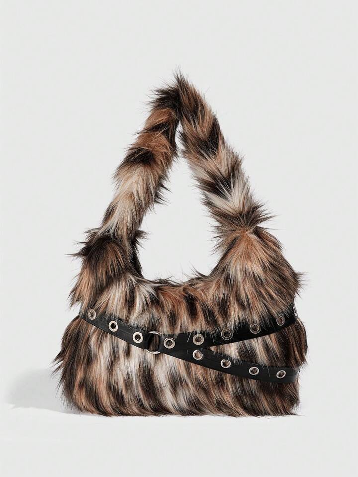 Grunge Punk 1pc Chic Brown Leopard Print Plush Bag For The Underarm Area, A Y2K Edgy Handbag For Ladylike Individuals, A Punk-Inspired Small Bag With PU Leather Decoration, Suitable For Pairing With A Handbag At Parties And Gatherings
