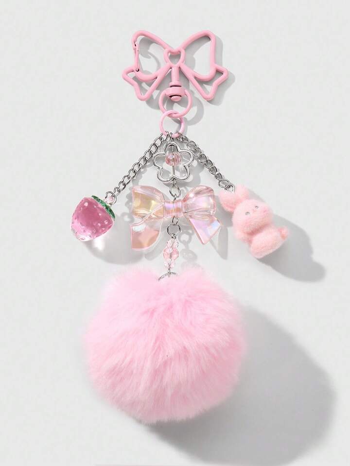 Kawaii 1pc Cute & Minimalist Resin Strawberry, Bow, Flower, Rabbit Fur Ball Pendant Keychain, Fashionable Accessory For Girls & Women, Suitable For Daily Wear And Holiday Gifts