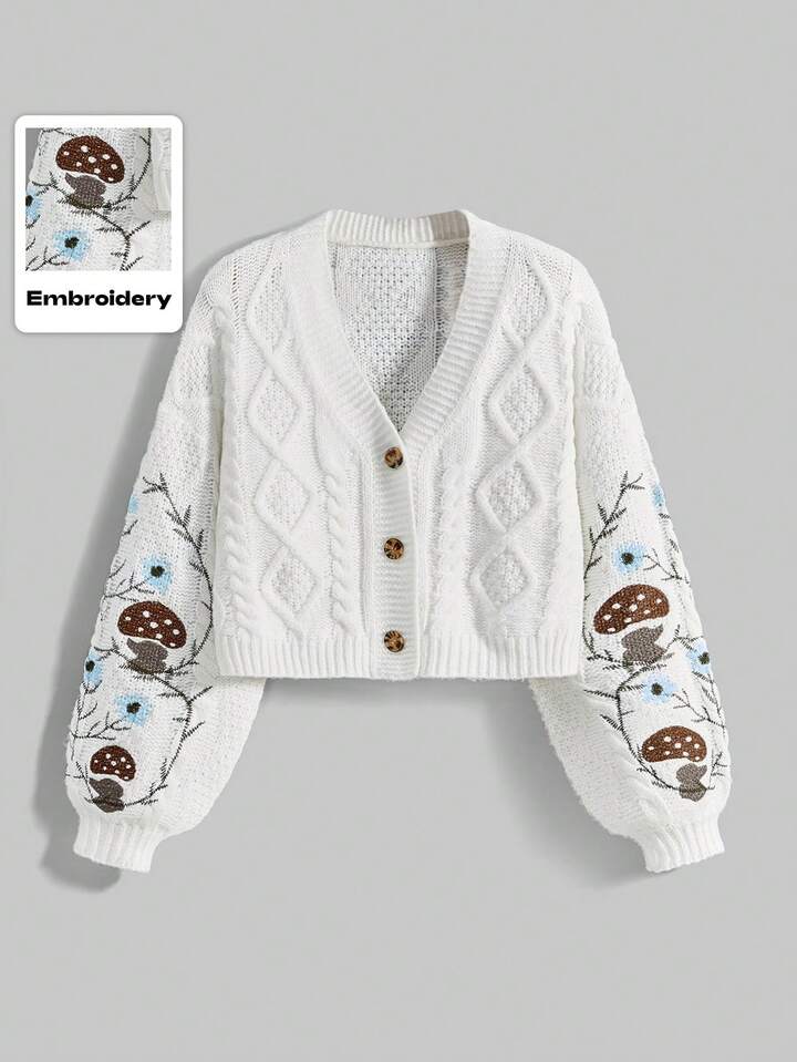 Fairycore Plus Size Mushroom, Vine & Leaf Embroidered Knit Cardigan, Autumn/Winter Mori Girl Elegant Plus Size Women Knit Cardigan, Plus Size Women Autumn/Winter Knit Cardigan Outerwear, White Knit Cardigan