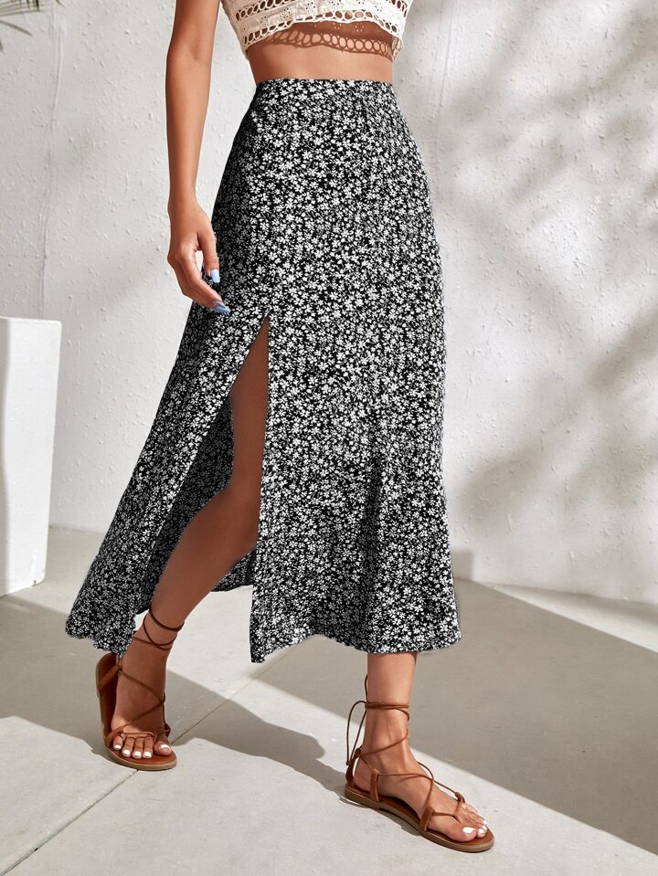 Ditsy Floral Split Thigh Skirt Maxi Vacation Beach Outfits Women