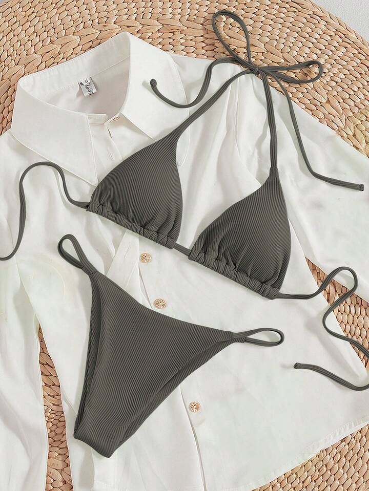 2026 Spring/Summer Women's Vacation Special Fabric Spaghetti Strap Halter Gray Sexy Thong Bikini Two Pieces Swimsuit