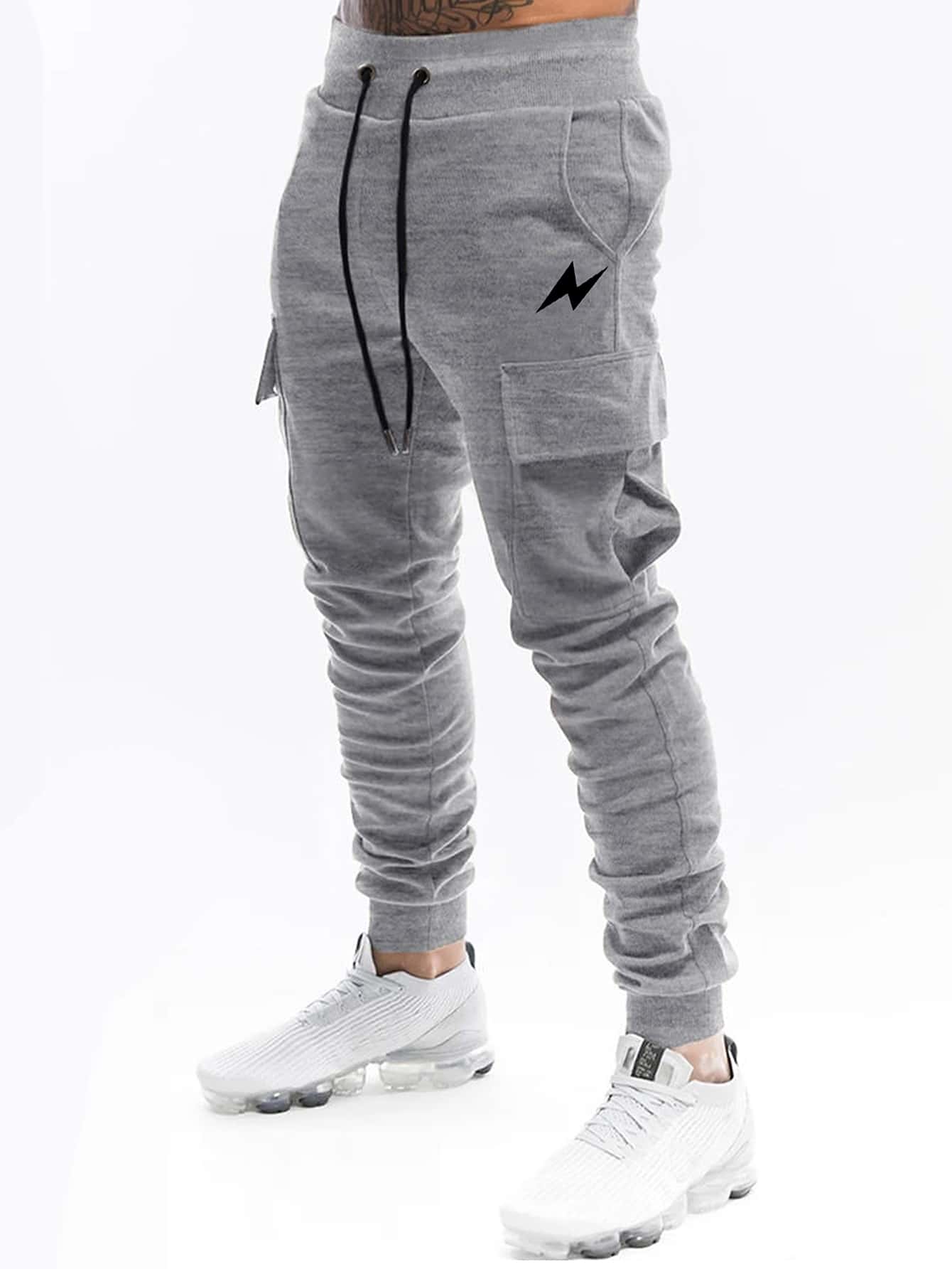 Casual Men Lightning Print Flap Pocket Sweatpants, School